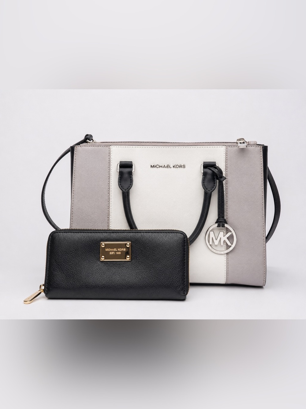 Michael Kors Leather Satchel Wallet Bundle Colorblock Crossbody Gray Black LUXE
